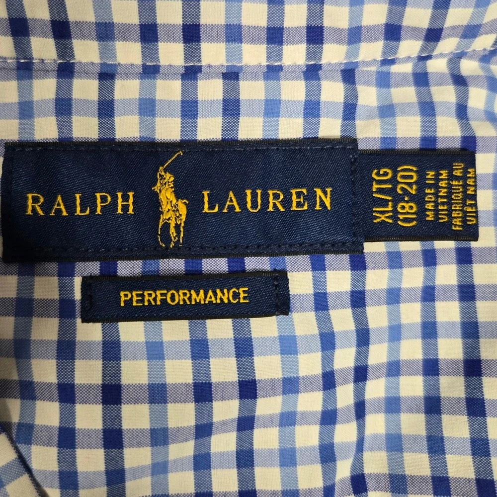 Ralph Lauren Performance Blue Gingham Check Button Down Shirt Boys XL‎